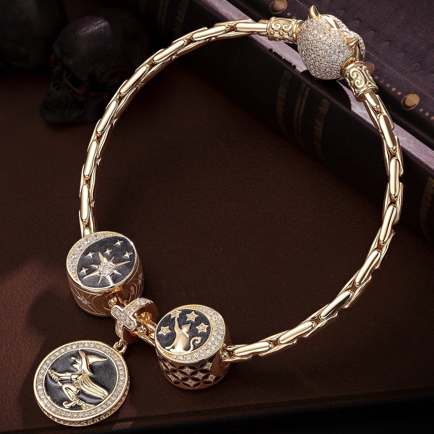 Sterling Silver Halloween Night Charms Bracelet Set With Enamel In 14K Gold Plated