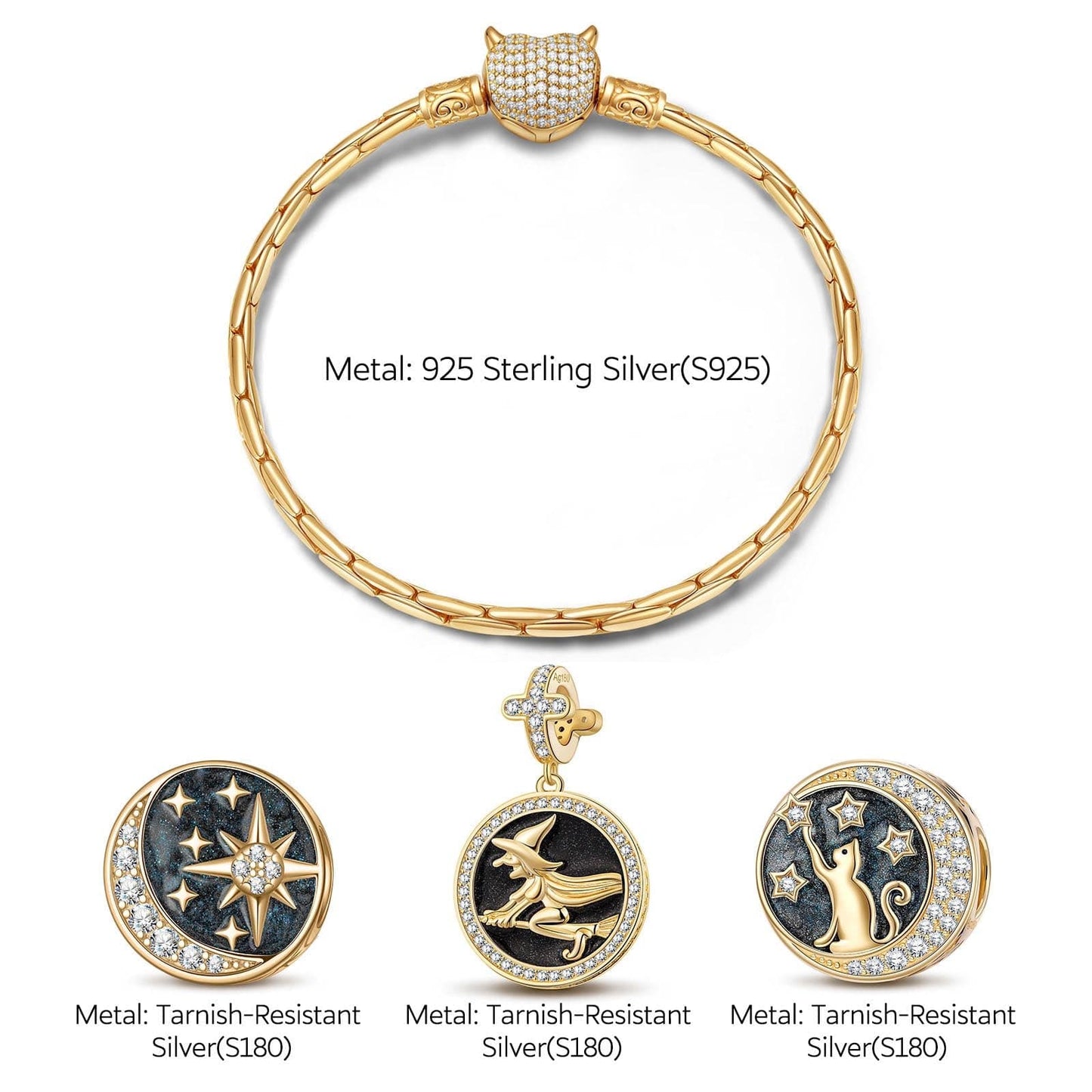 Sterling Silver Halloween Night Charms Bracelet Set With Enamel In 14K Gold Plated (Includes bracelet and all charms shown)