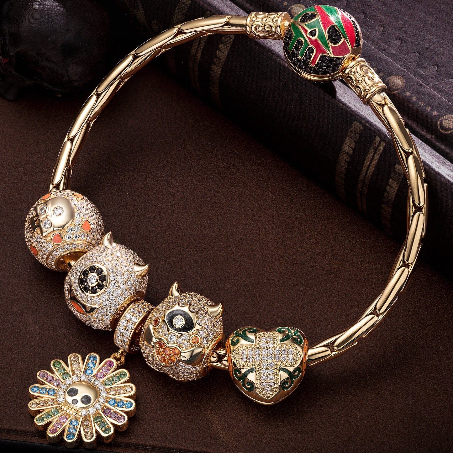 Sterling Silver Halloween Monster Family Charms Bracelet Set With Enamel In 14K Gold Plated (Includes bracelet and all charms shown)