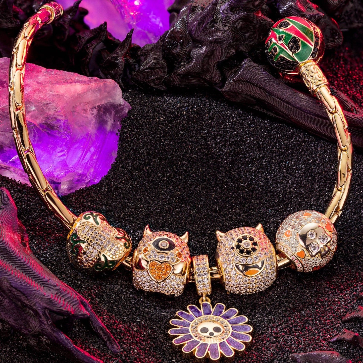 Sterling Silver Halloween Monster Family Charms Bracelet Set With Enamel In 14K Gold Plated