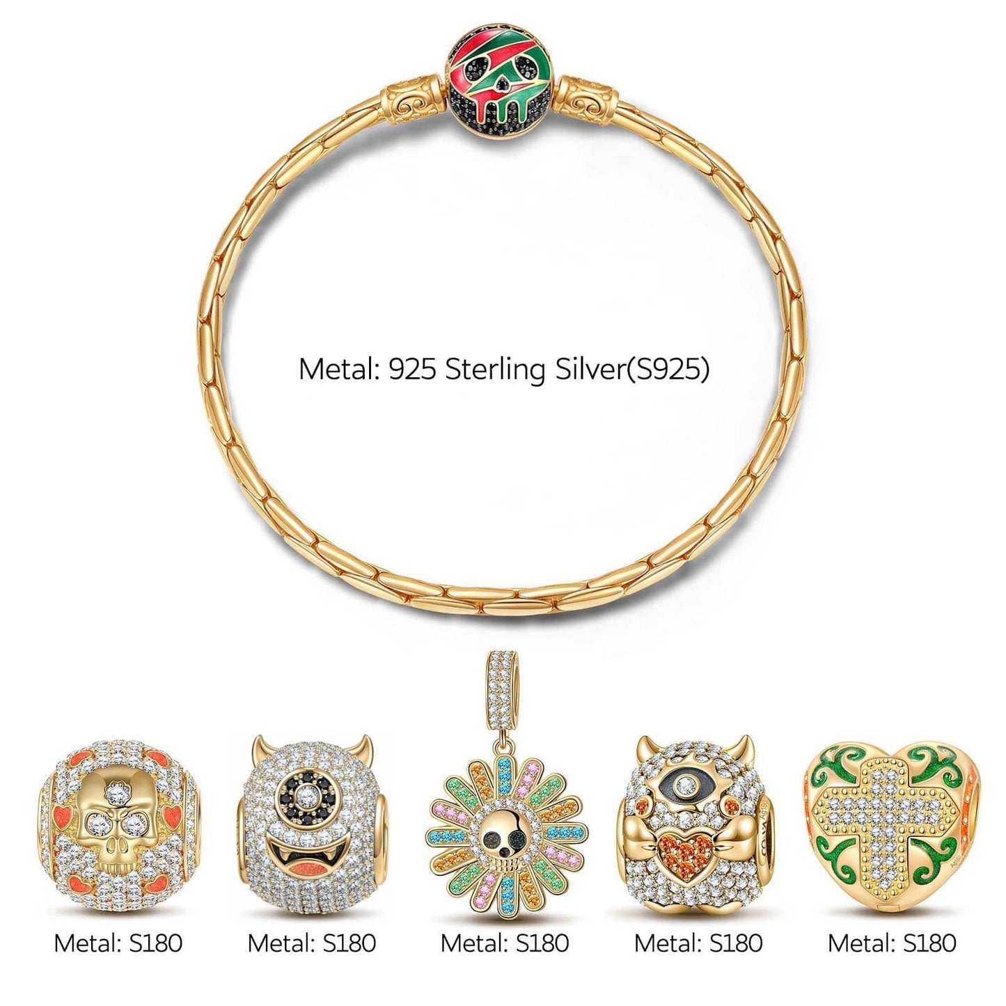 Sterling Silver Halloween Monster Family Charms Bracelet Set With Enamel In 14K Gold Plated (Includes bracelet and all charms shown)