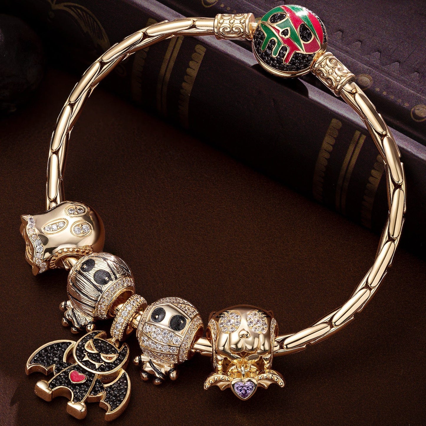 Sterling Silver Halloween Monster Family Charms Bracelet Set With Enamel In 14K Gold Plated