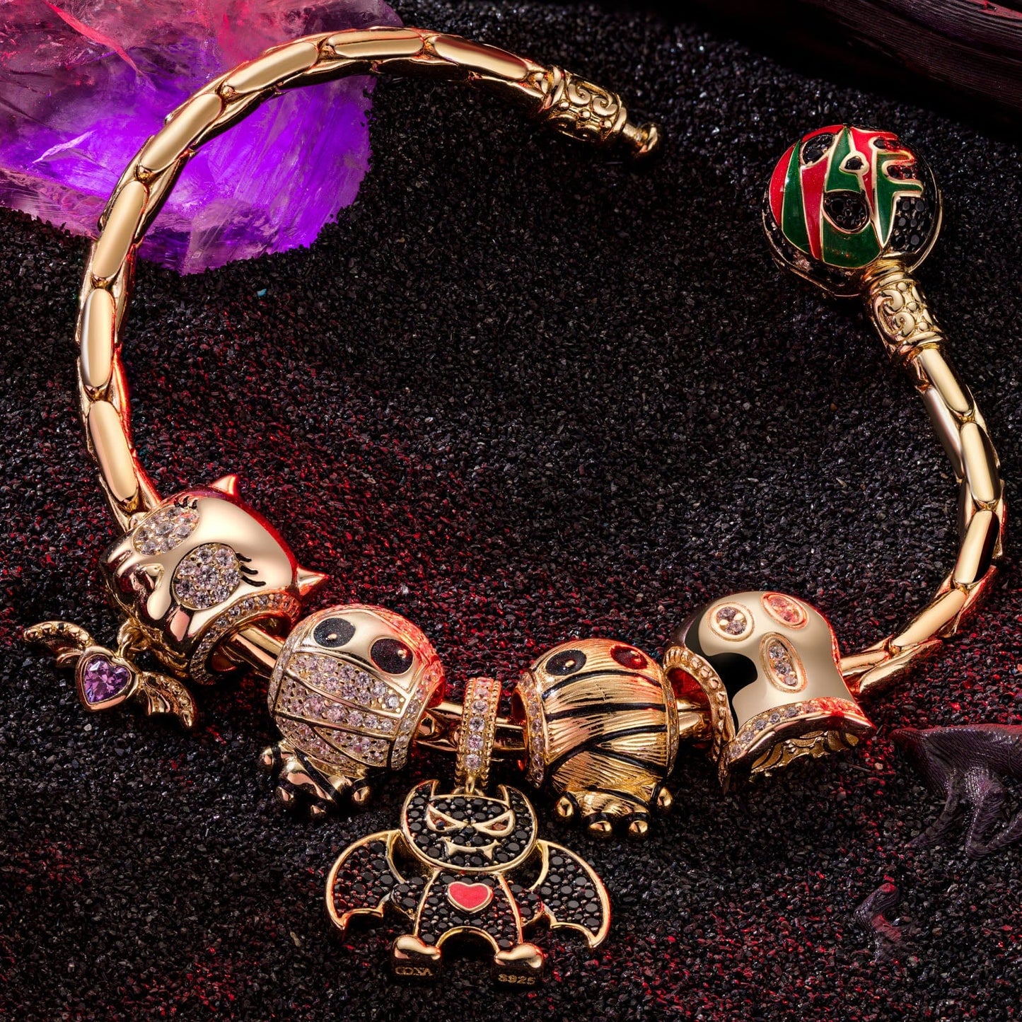 Sterling Silver Halloween Monster Family Charms Bracelet Set With Enamel In 14K Gold Plated