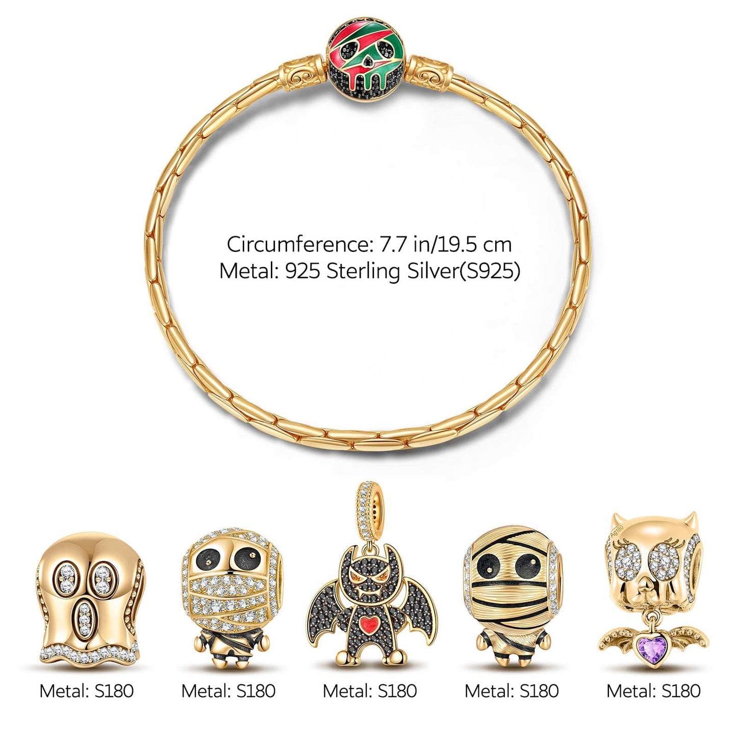 Sterling Silver Halloween Monster Family Charms Bracelet Set With Enamel In 14K Gold Plated