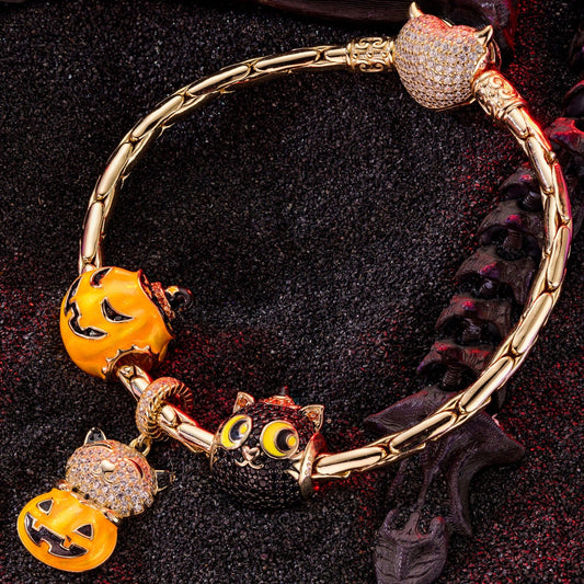gon- Sterling Silver Pumpkin Elf Charms Bracelet Set With Enamel In 14K Gold Plated