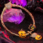 Sterling Silver Pumpkin Elf Charms Bracelet Set With Enamel In 14K Gold Plated (Includes bracelet and all charms shown)