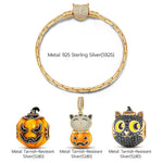 Sterling Silver Pumpkin Elf Charms Bracelet Set With Enamel In 14K Gold Plated (Includes bracelet and all charms shown)