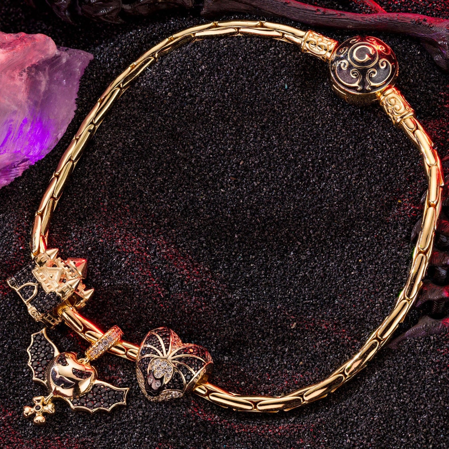 Sterling Silver Vampire Castle Charms Bracelet Set With Enamel In 14K Gold Plated (Includes bracelet and all charms shown)