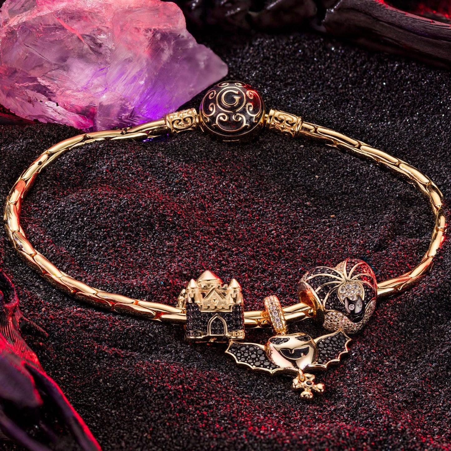 Sterling Silver Vampire Castle Charms Bracelet Set With Enamel In 14K Gold Plated (Includes bracelet and all charms shown)