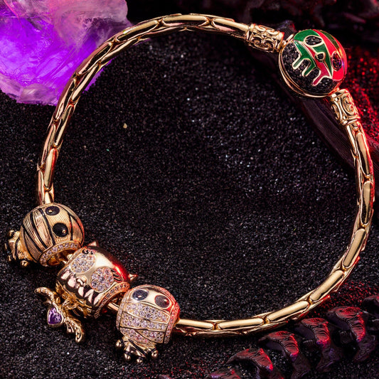 gon- Sterling Silver Mummy Messengers Charms Bracelet Set With Enamel In 14K Gold Plated