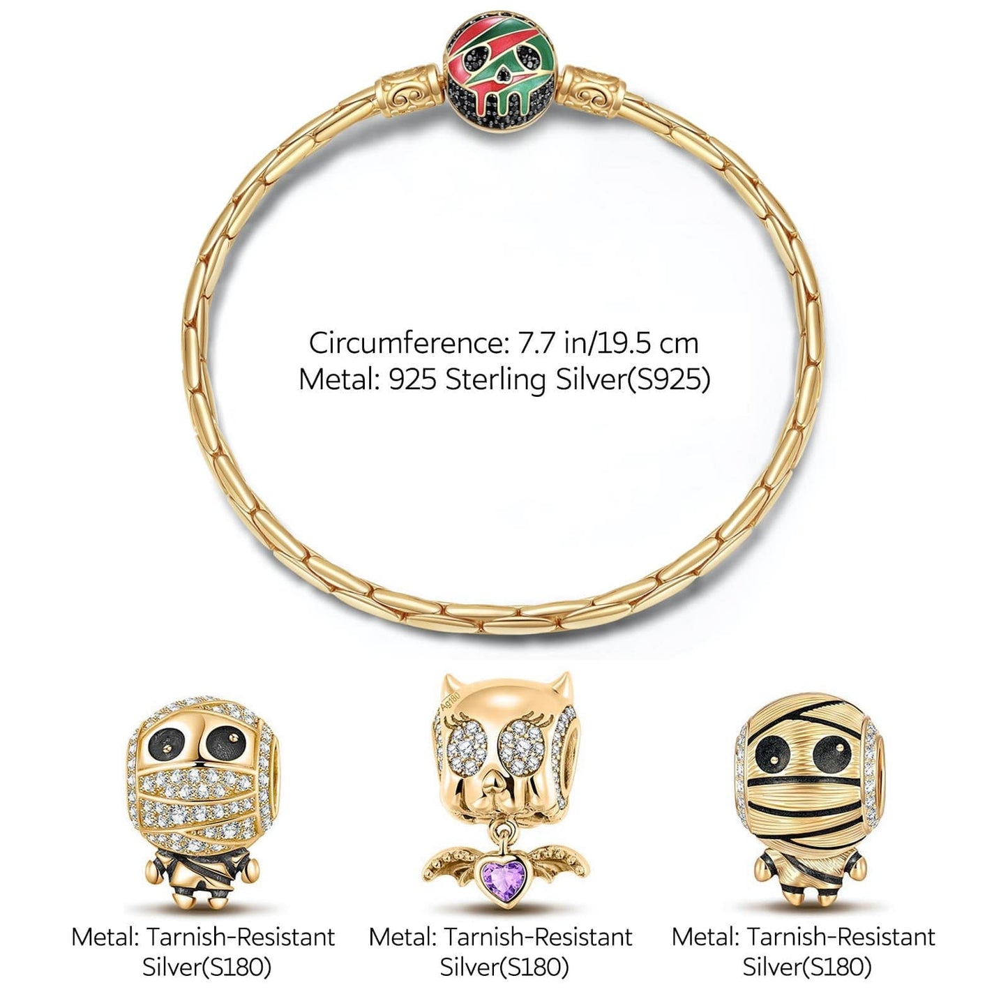 Sterling Silver Mummy Messengers Charms Bracelet Set With Enamel In 14K Gold Plated (Includes bracelet and all charms shown)