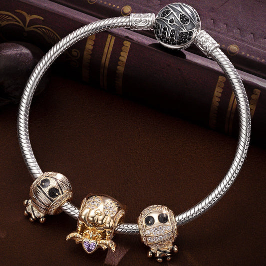 gon- Sterling Silver Mummy Messengers Charms Bracelet Set With Enamel In White Gold Plated