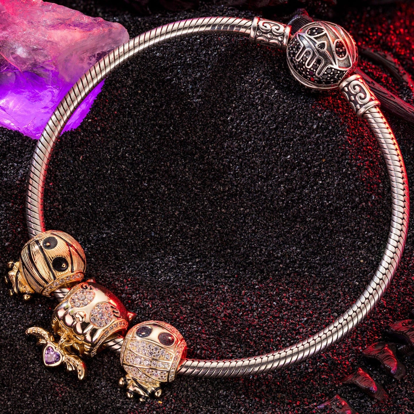 Sterling Silver Mummy Messengers Charms Bracelet Set With Enamel In White Gold Plated (Includes bracelet and all charms shown)