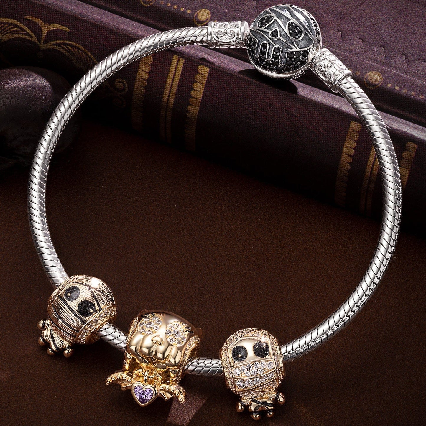 Sterling Silver Mummy Messengers Charms Bracelet Set With Enamel In White Gold Plated