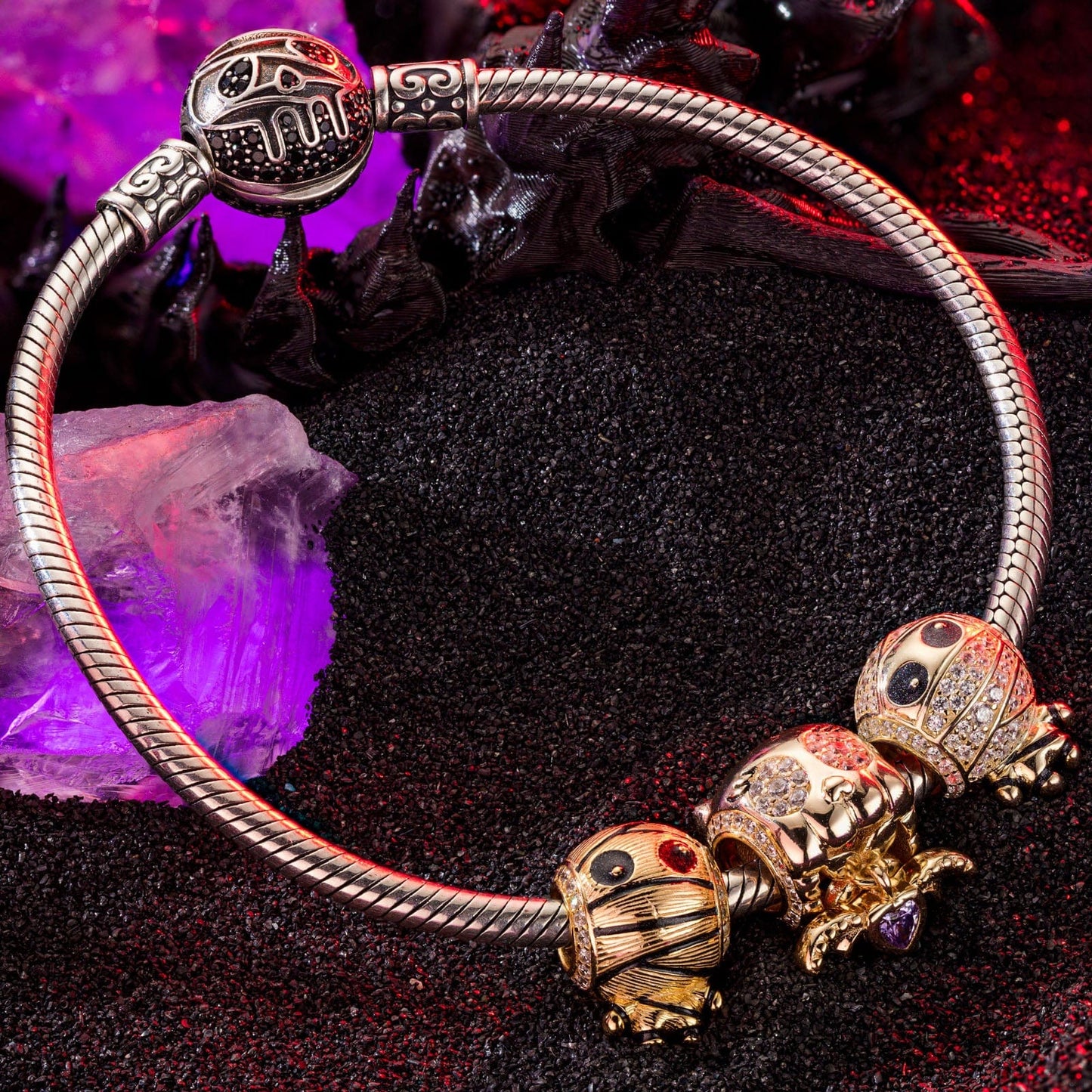 Sterling Silver Mummy Messengers Charms Bracelet Set With Enamel In White Gold Plated