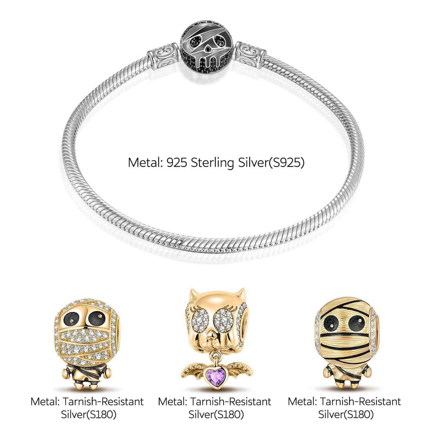 Sterling Silver Mummy Messengers Charms Bracelet Set With Enamel In White Gold Plated (Includes bracelet and all charms shown)