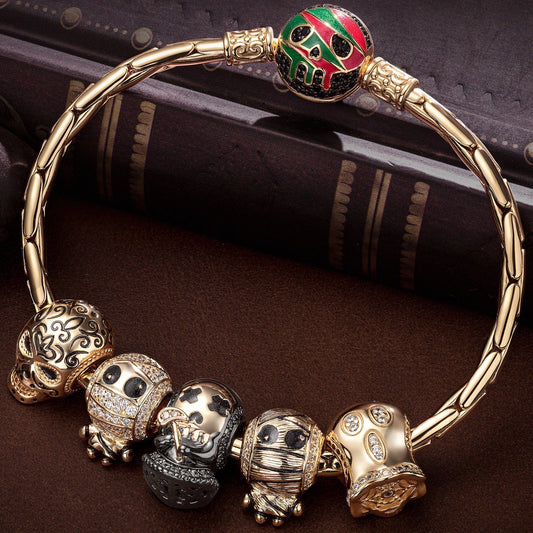 gona- Sterling Silver The Spooky Family Charms Bracelet Set With Enamel In 14K Gold Plated (Includes bracelet and all charms shown)