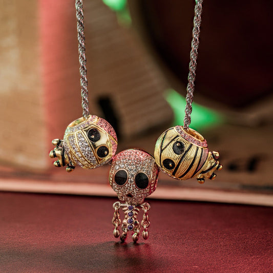 gon- Sterling Silver Mummy and Skeleton Man Charms Necklace Set With Enamel In White Gold Plated
