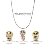 Sterling Silver Mummy and Skeleton Man Charms Necklace Set With Enamel In White Gold Plated