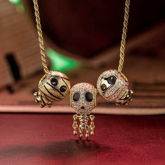 gon- Sterling Silver Mummy and Skeleton Man Charms Necklace Set With Enamel In 14K Gold Plated