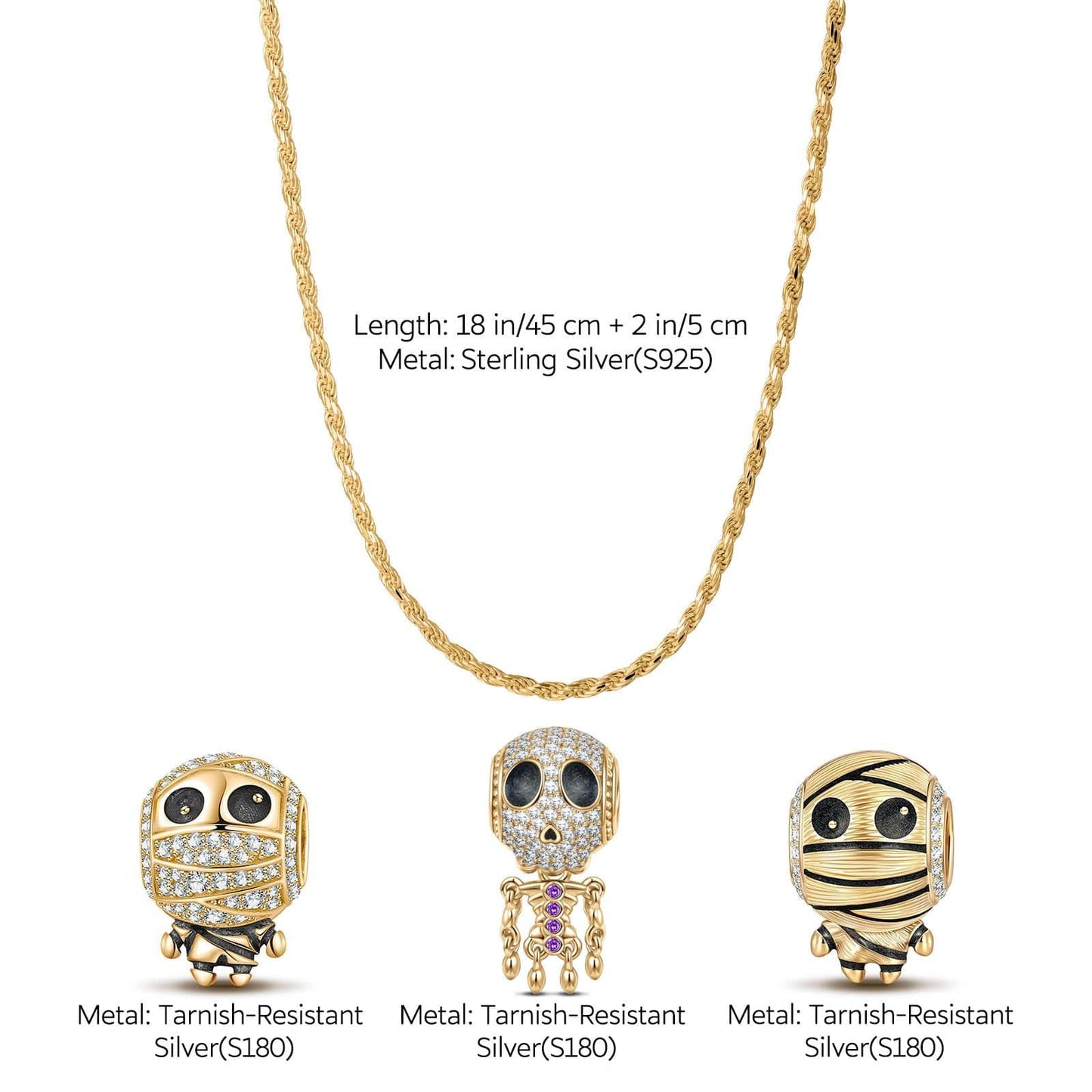 Sterling Silver Mummy and Skeleton Man Charms Necklace Set With Enamel In 14K Gold Plated