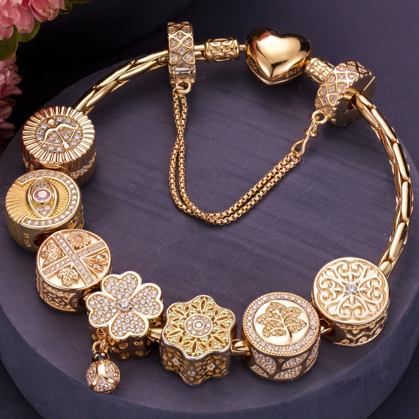 Sterling Silver Memories Of Versailles Charms Bracelet Set In 14K Gold Plated (Includes bracelet and all charms shown)