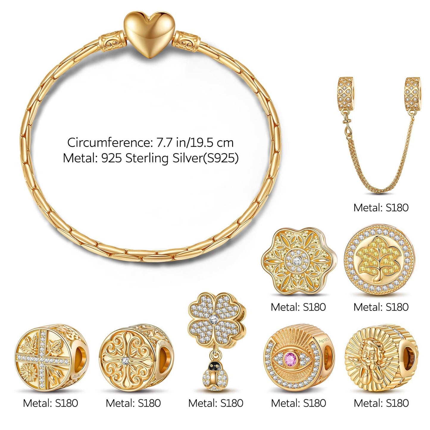 Sterling Silver Memories Of Versailles Charms Bracelet Set In 14K Gold Plated (Includes bracelet and all charms shown)