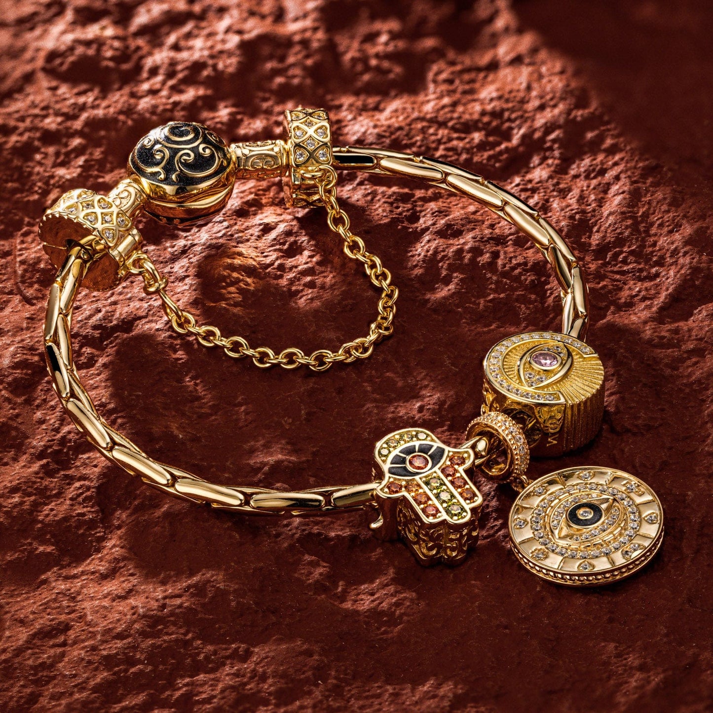 Sterling Silver Star Of David Charms Bracelet Set With Enamel In 14K Gold Plated (Includes bracelet and all charms shown)