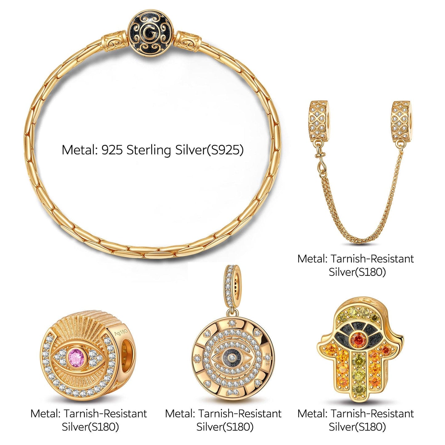 Sterling Silver Star Of David Charms Bracelet Set With Enamel In 14K Gold Plated (Includes bracelet and all charms shown)
