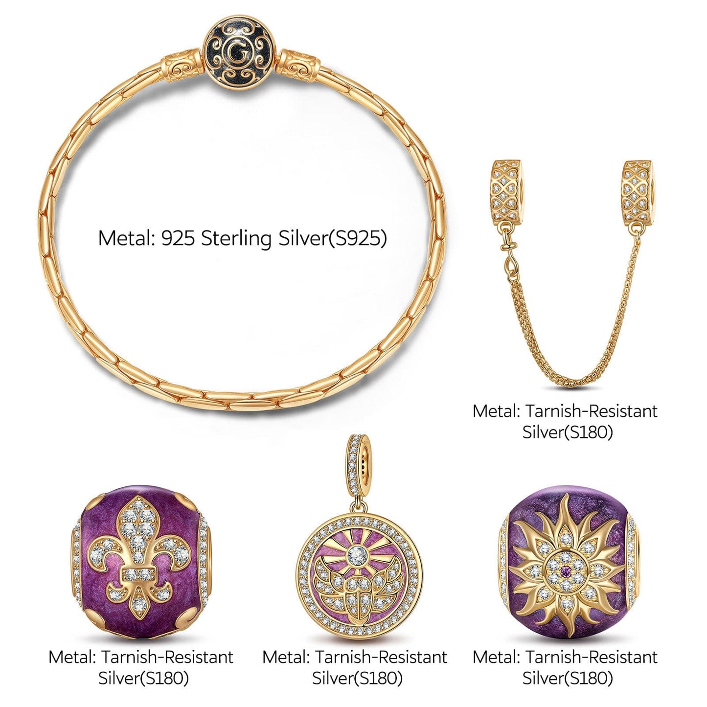 Sterling Silver Versailles Sunflower Charms Bracelet Set With Enamel In 14K Gold Plated (Includes bracelet and all charms shown)