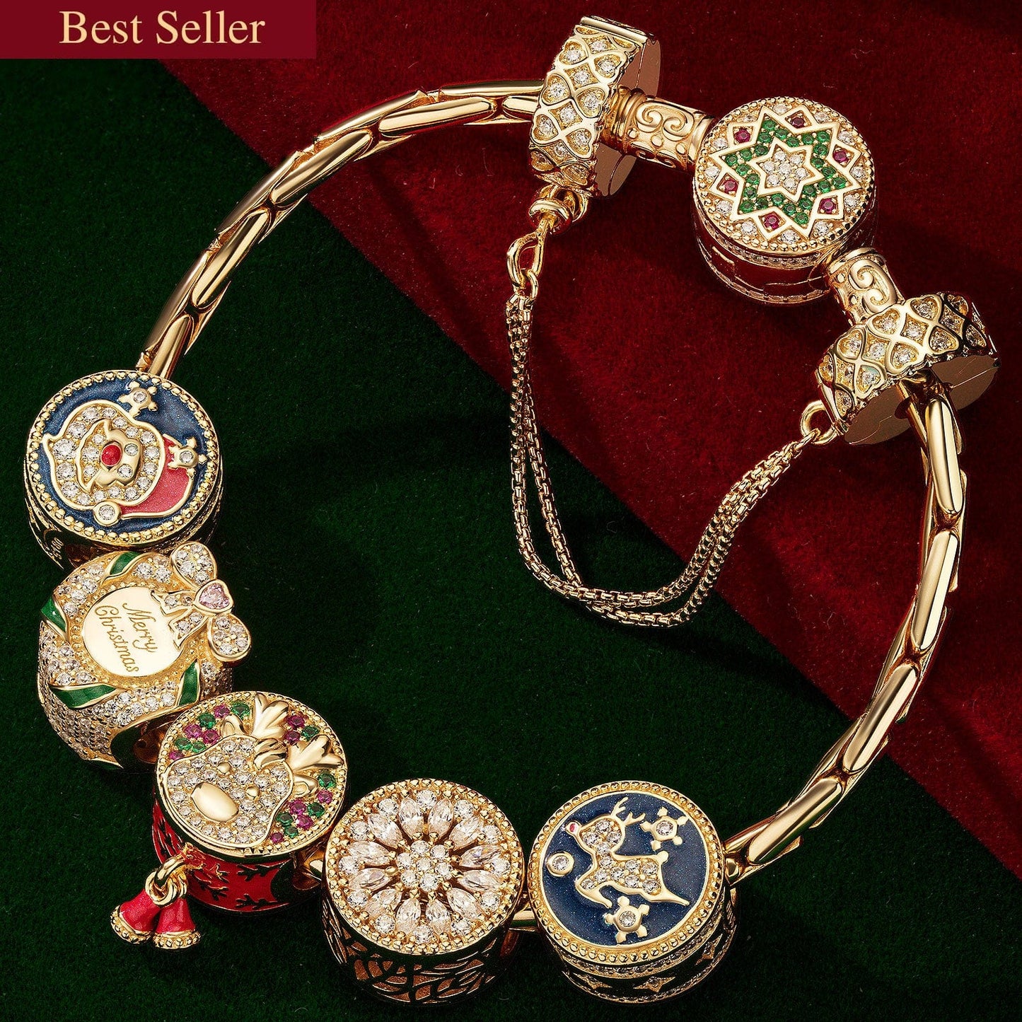 Sterling Silver Colorful Christmas Charms Bracelet Set With Enamel In 14K Gold Plated