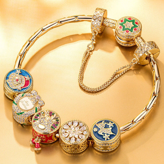 gon- Sterling Silver Colorful Christmas Charms Bracelet Set With Enamel In 14K Gold Plated