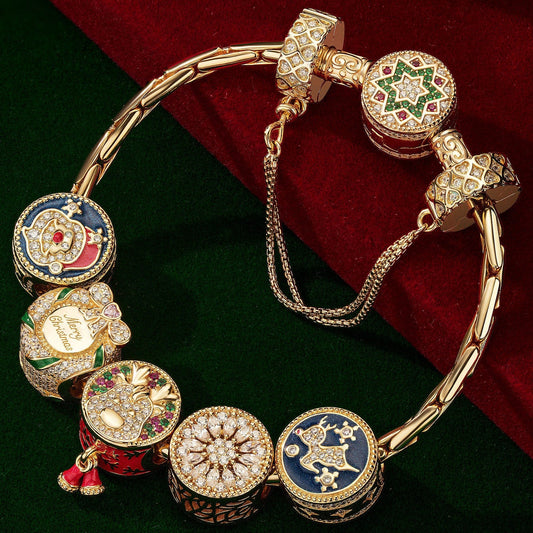 gona- Sterling Silver Colorful Christmas Charms Bracelet Set With Enamel In 14K Gold Plated (Includes bracelet and all charms shown)