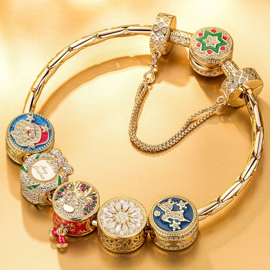 gon- Sterling Silver Colorful Christmas Charms Bracelet Set With Enamel In 14K Gold Plated