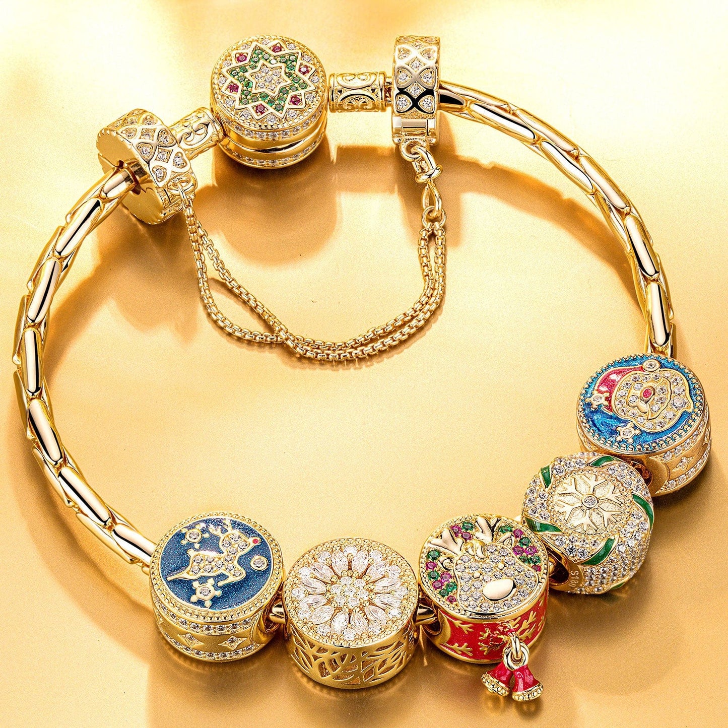 Sterling Silver Colorful Christmas Charms Bracelet Set With Enamel In 14K Gold Plated