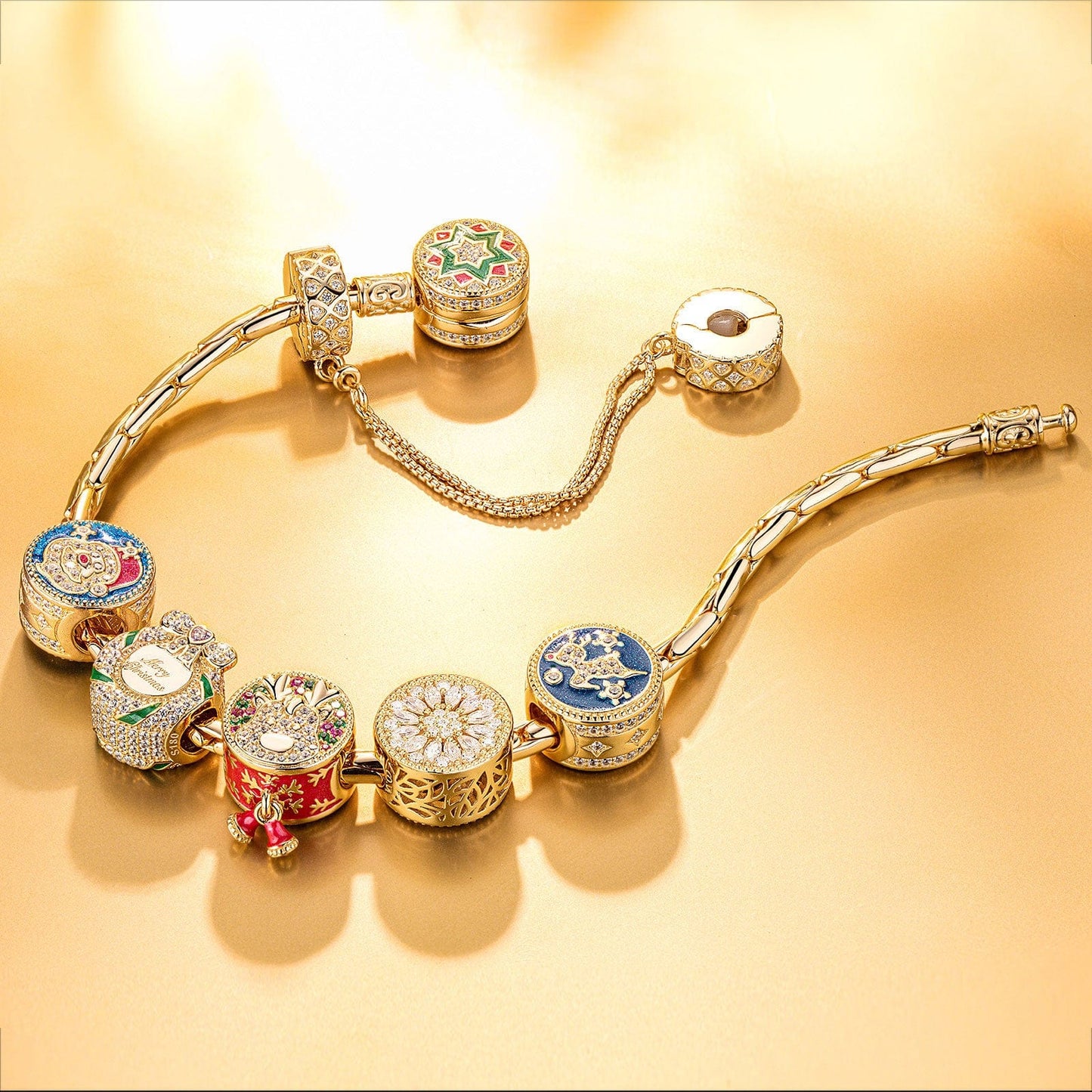 Sterling Silver Colorful Christmas Charms Bracelet Set With Enamel In 14K Gold Plated