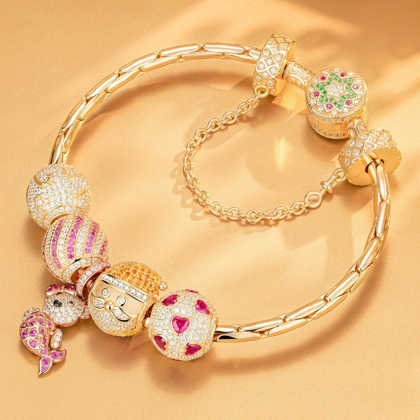 Sterling Silver Colourful Christmas Charms Bracelet Set In 14K Gold Plated