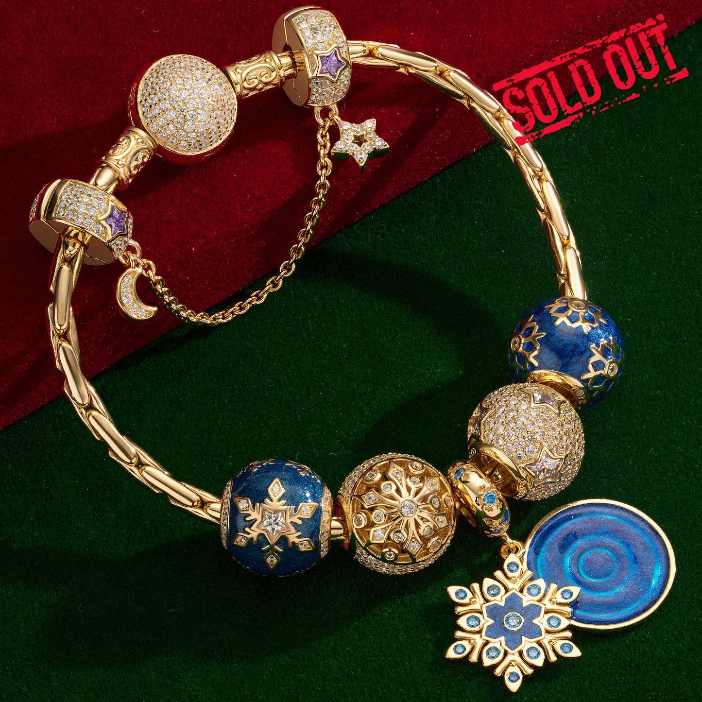 Sterling Silver Blue Ice Crystal Love Charms Bracelet Set With Enamel In 14K Gold Plated (Includes bracelet and all charms shown)