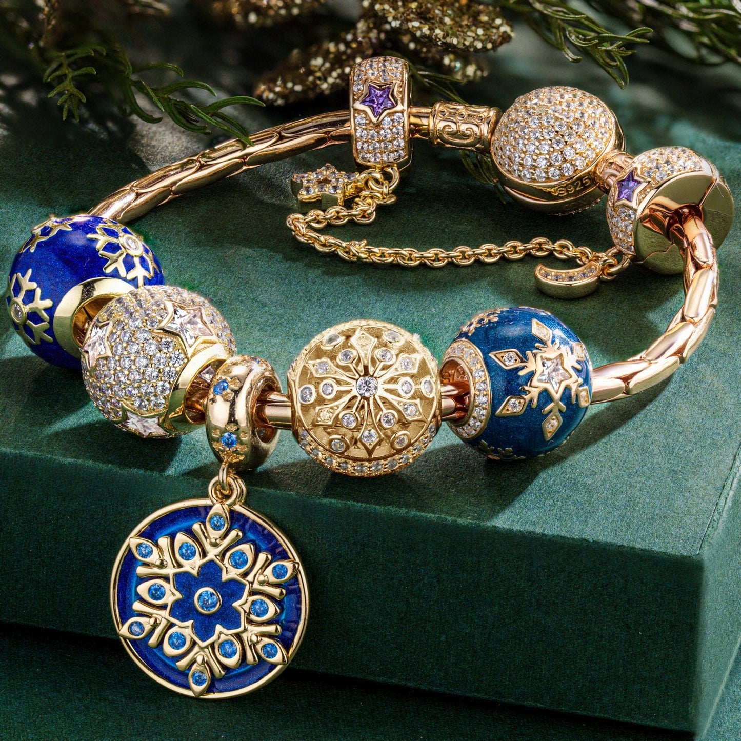 Sterling Silver Blue Ice Crystal Love Charms Bracelet Set With Enamel In 14K Gold Plated