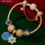 Sterling Silver Blue Ice Crystal Love Charms Bracelet Set With Enamel In 14K Gold Plated