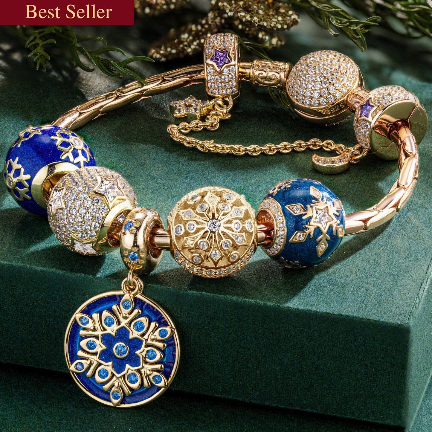 Sterling Silver Blue Ice Crystal Love Charms Bracelet Set With Enamel In 14K Gold Plated (Includes bracelet and all charms shown)