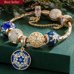 Sterling Silver Blue Ice Crystal Love Charms Bracelet Set With Enamel In 14K Gold Plated (Includes bracelet and all charms shown)