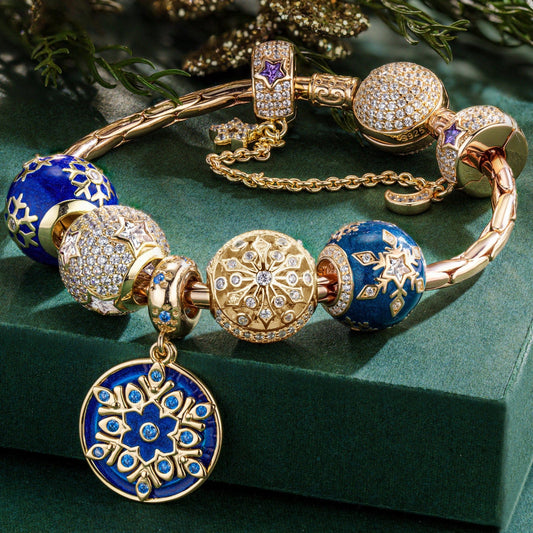 gon- Sterling Silver Blue Ice Crystal Love Charms Bracelet Set With Enamel In 14K Gold Plated