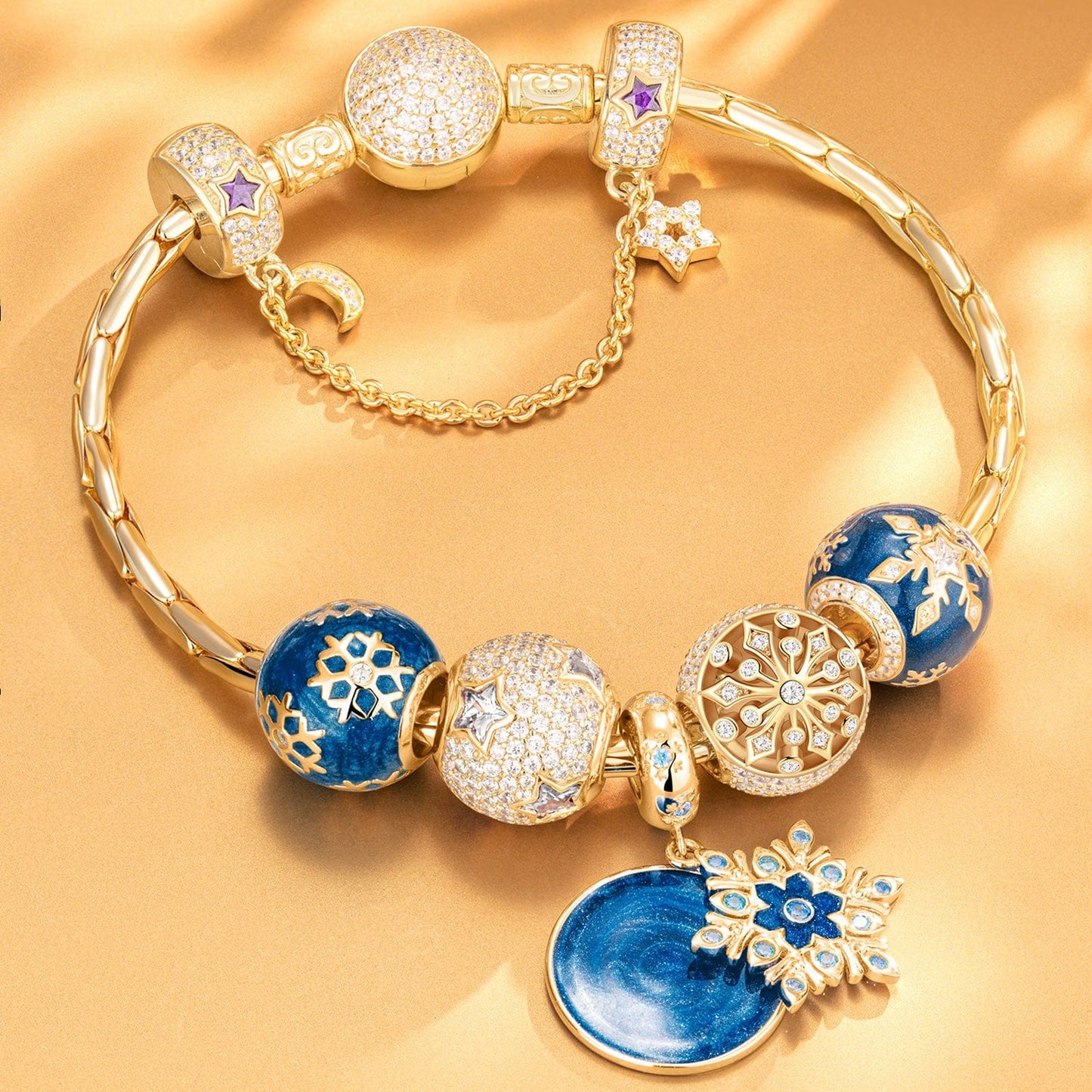 Sterling Silver Blue Ice Crystal Love Charms Bracelet Set With Enamel In 14K Gold Plated (Includes bracelet and all charms shown)