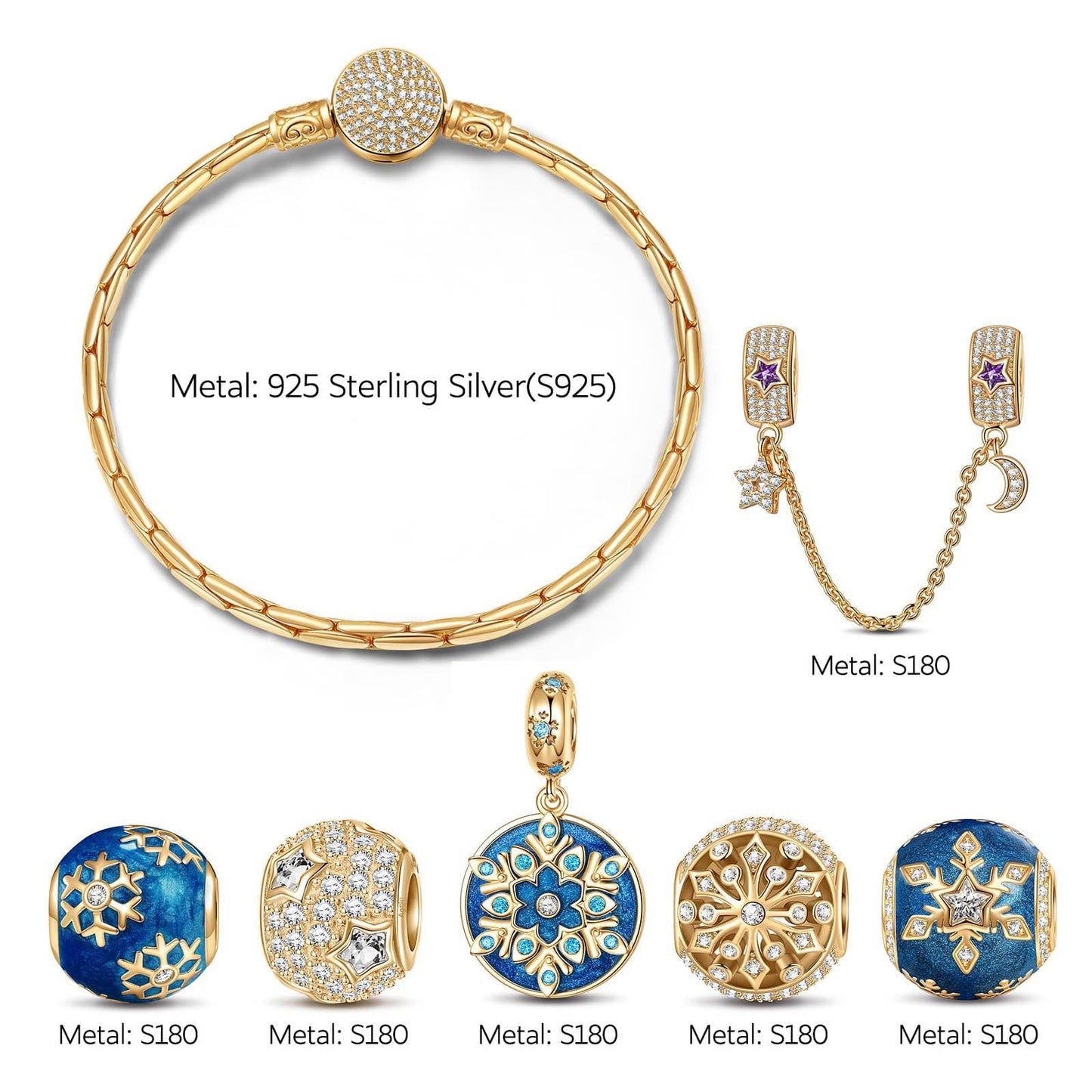 Sterling Silver Blue Ice Crystal Love Charms Bracelet Set With Enamel In 14K Gold Plated (Includes bracelet and all charms shown)