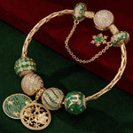 Sterling Silver Green Christmas Night Charms Bracelet Set With Enamel In 14K Gold Plated