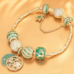 Sterling Silver Green Christmas Night Charms Bracelet Set With Enamel In 14K Gold Plated
