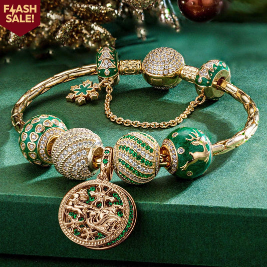 gon- Sterling Silver Green Christmas Night Charms Bracelet Set With Enamel In 14K Gold Plated (Includes bracelet and all charms shown)