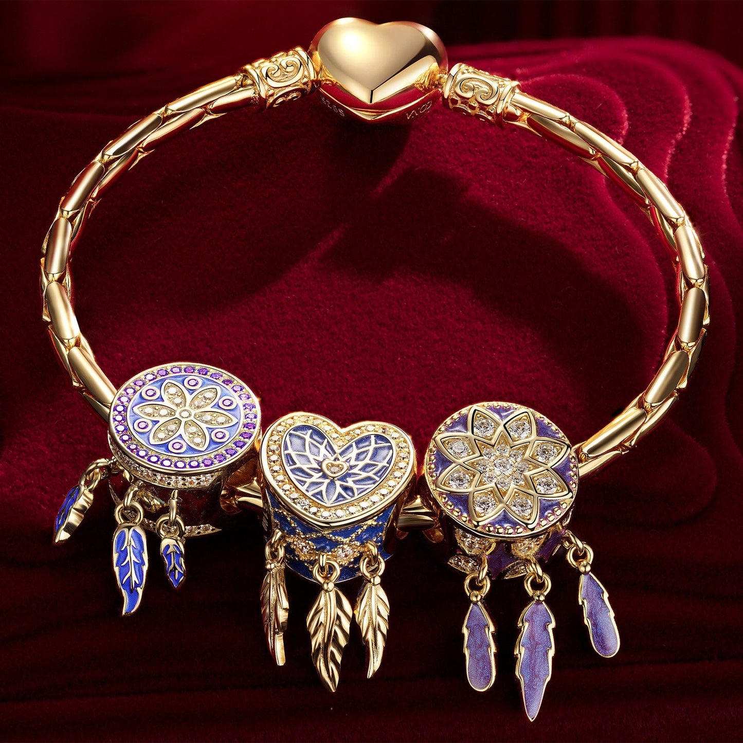 Sterling Silver Purple Dreamcatcher Charms Bracelet Set With Enamel In 14K Gold Plated (Includes bracelet and all charms shown)