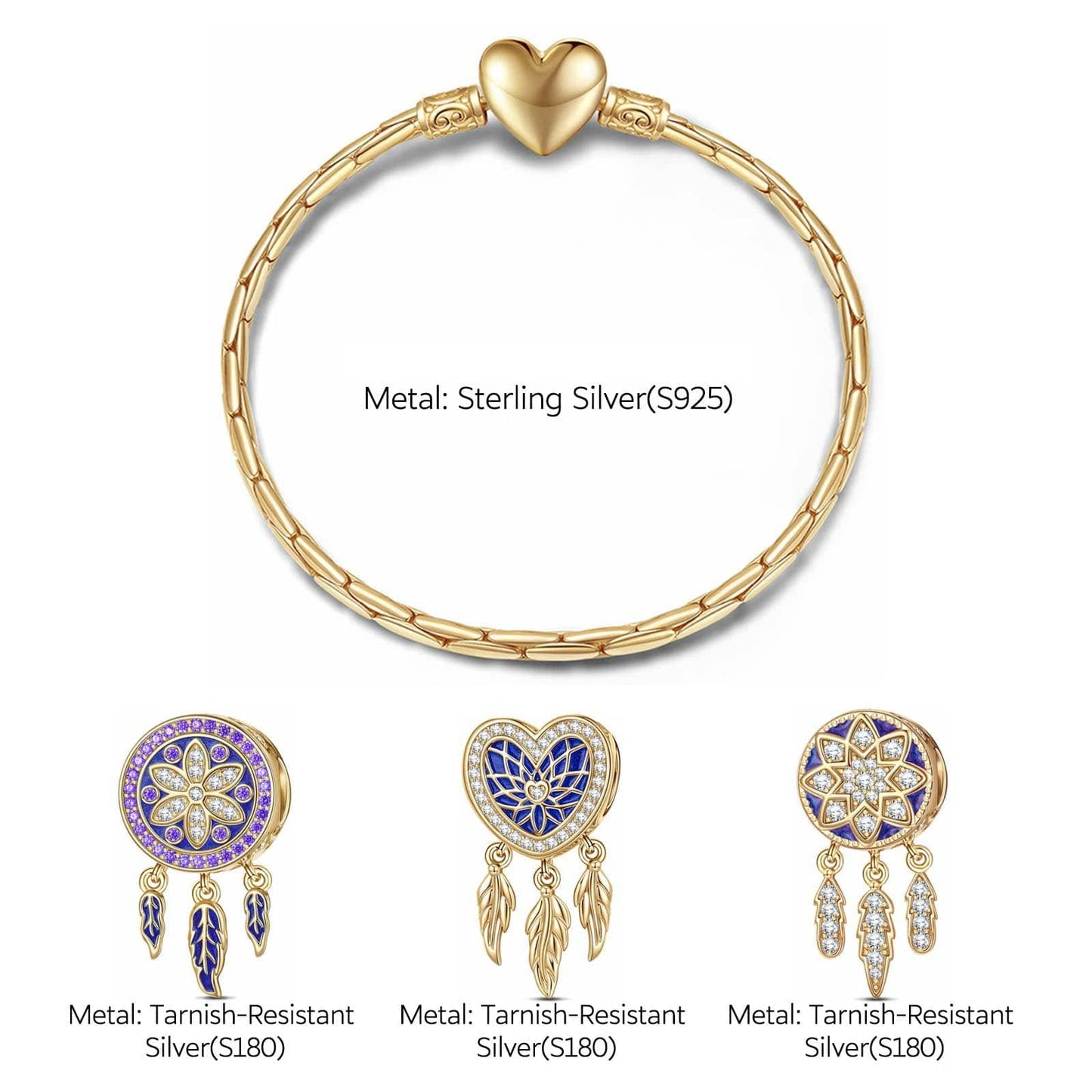 Sterling Silver Purple Dreamcatcher Charms Bracelet Set With Enamel In 14K Gold Plated (Includes bracelet and all charms shown)